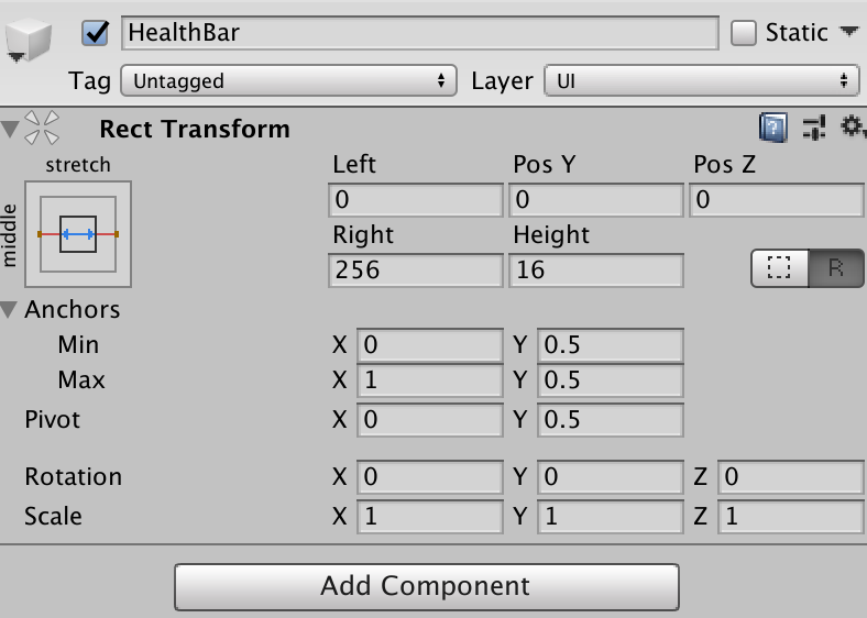 Inspector view of HealthBar game object transform